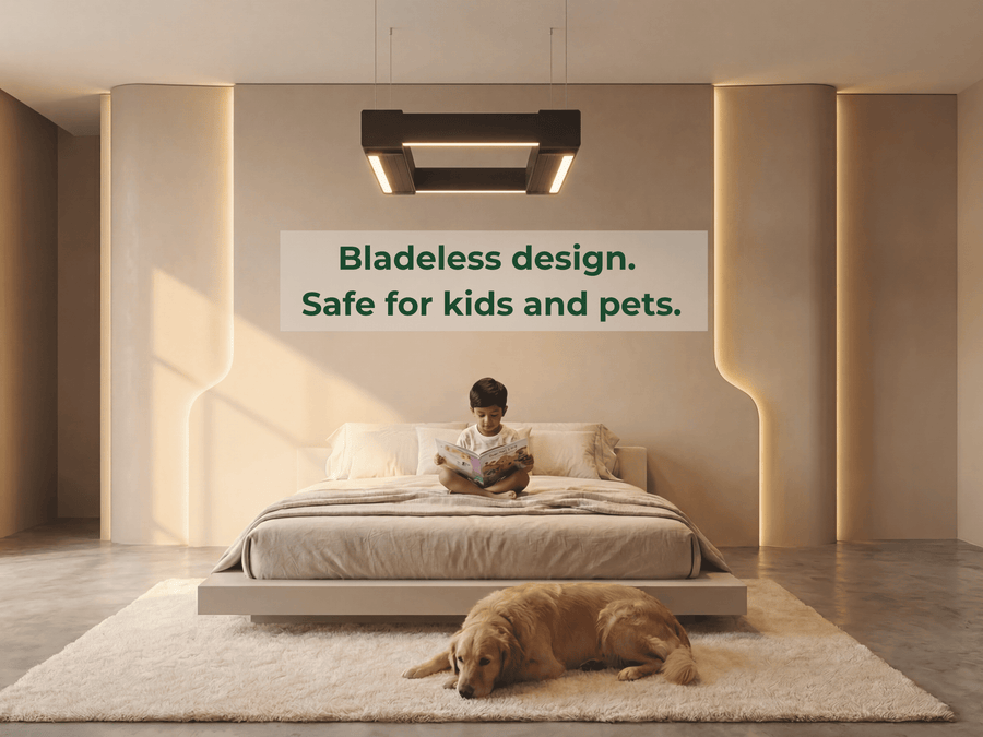 Bladeless design. Safe for kids and pets